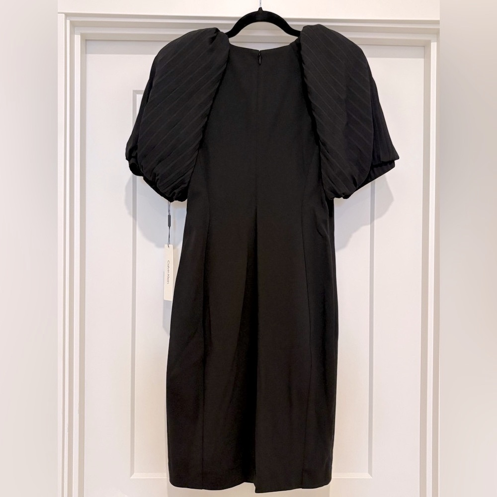 NWT [Calvin Klein] Midi Puff Pleated-Sleeve Stretch Sheath Dress Black Womens 10 - Picture 7 of 12
